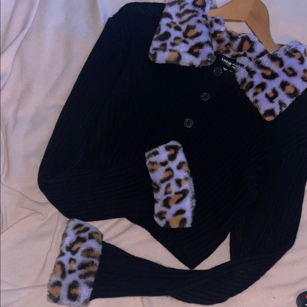 SHEIN Black Cardigan with Purple and Brown Leopard Trim